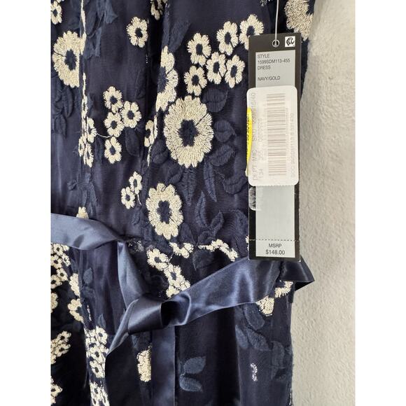 NWT Tahari Navy Blue Floral Embroidered Tea Length High Low Dress Size 8 - Picture 7 of 10
